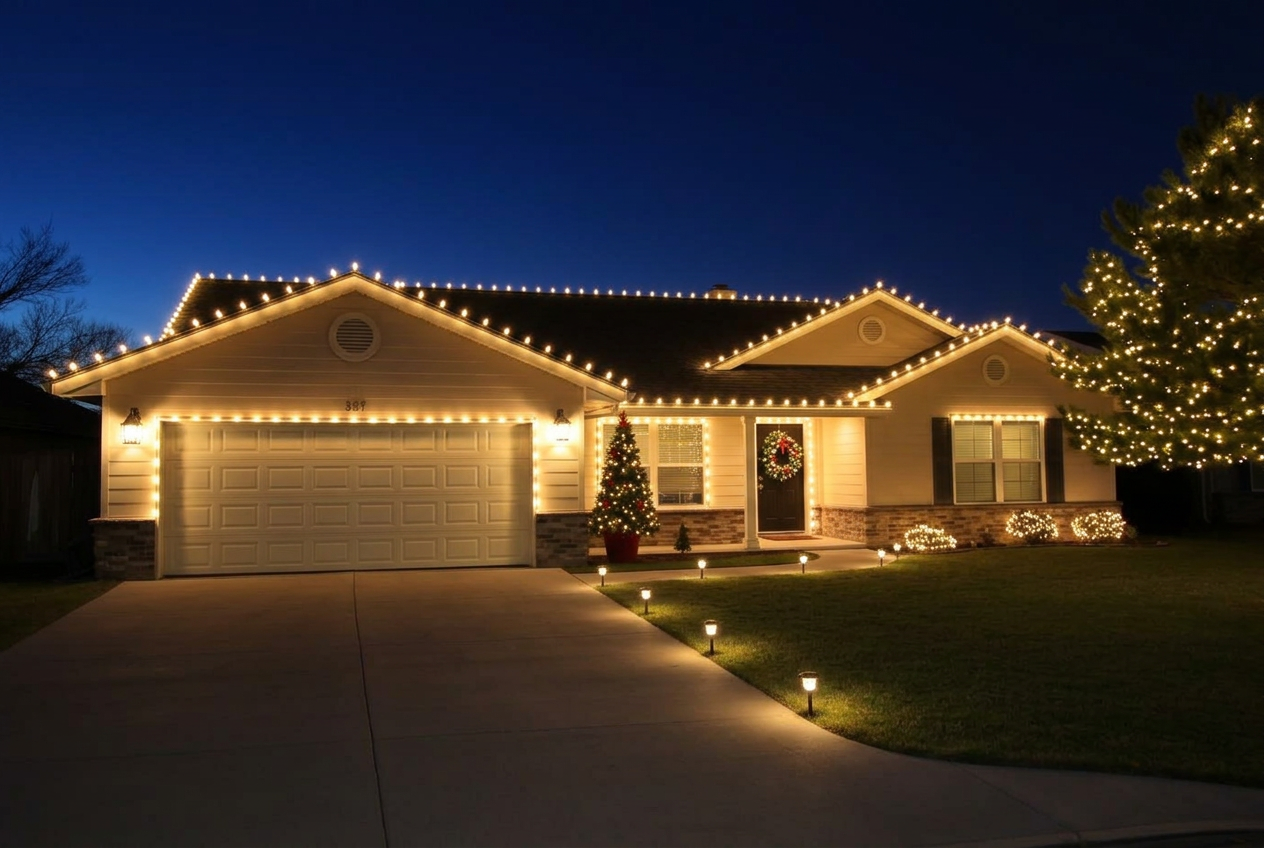 Texas home at night with warm white C9 Christmas lights on the rooflines, bushes and trees